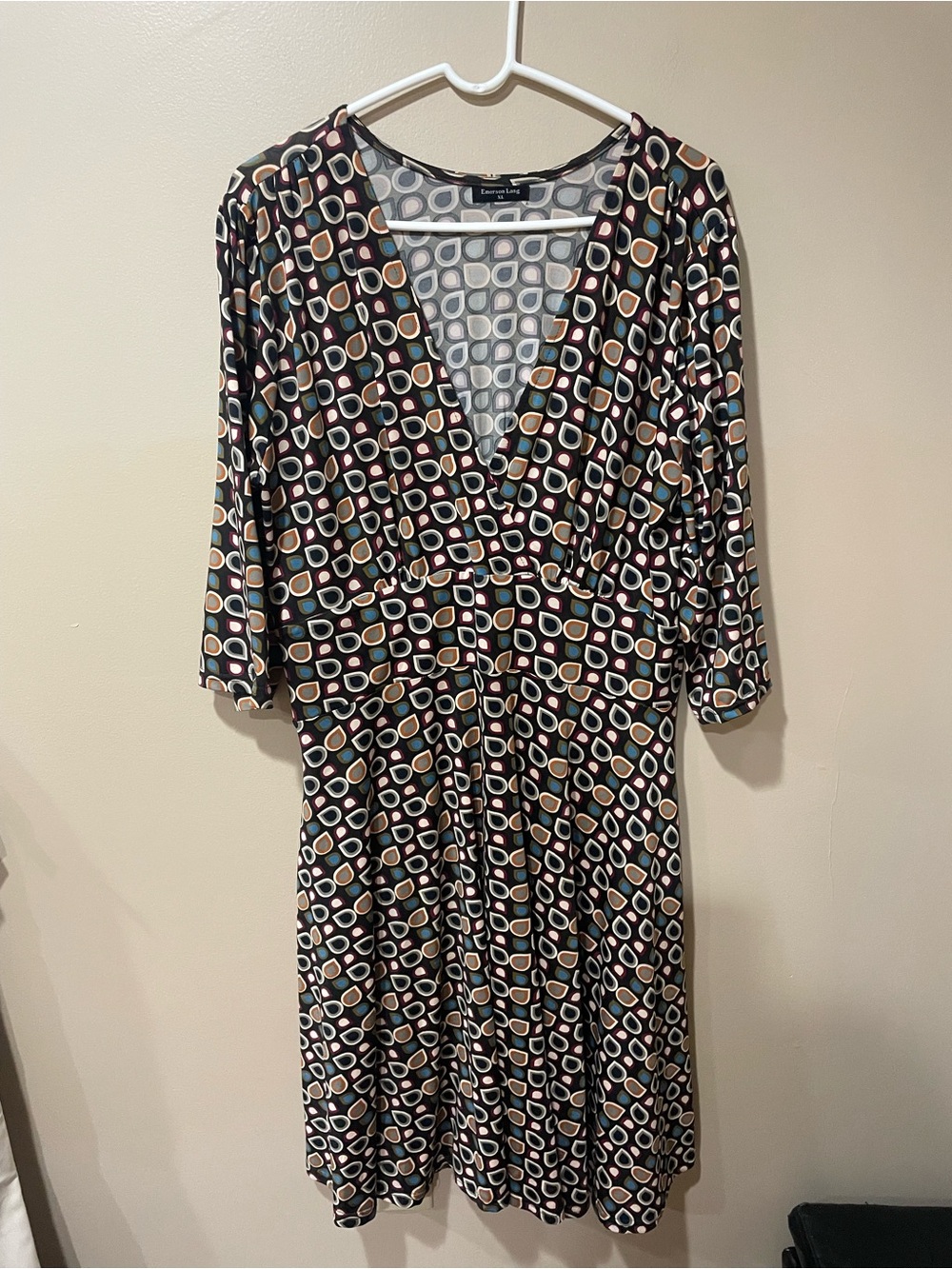 Geometric Print Black Midi Wrap Dress with Cream & Pink Accents